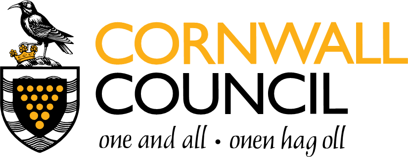 Cornwall Council logo, subheading reads One and All in English and Cornish