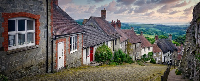 The image shows a country village in Dorset with traditional housing.